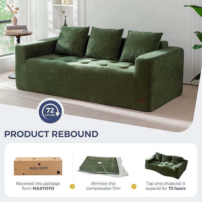 MAXYOYO Modular Sofa Couch, 75" Oversized Loveseat Boneless Cloud Couch with Deep Seat, Chenille Upholstered Living Room Sleeper Sofa Chair for Living Room, No Assembly Required, Dark Green