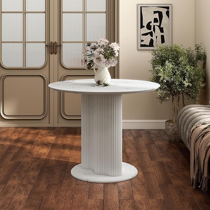 Homes: Inside + Out Elara Modern 39-inch Round Dining Table with Fluted Pedestal Base, Seats up to 4, for Home Kitchen, Living Room, White