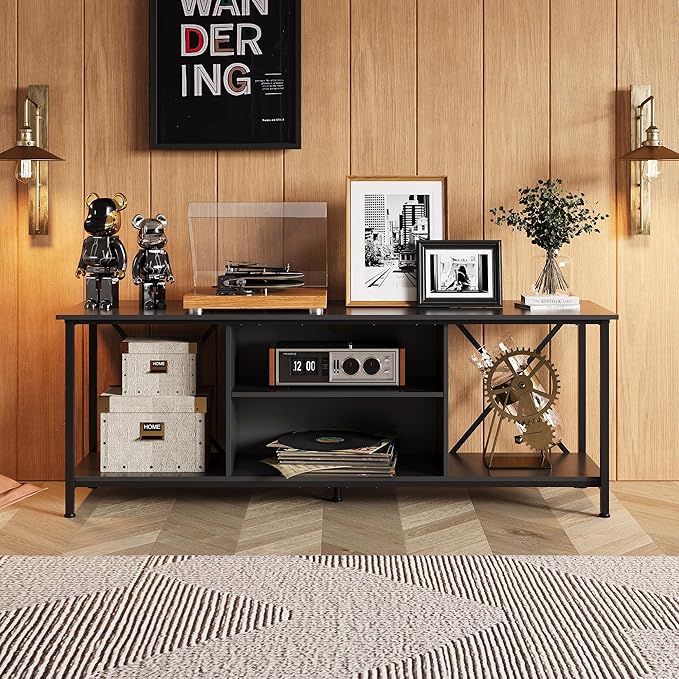 WLIVE Industrial TV Stand for Up to 65 inch TV, Heavy-Duty Metal Frame Entertainment Center with Adjustable Shelves & Cable Management, Media TV Console for Living Room Bedroom, Black