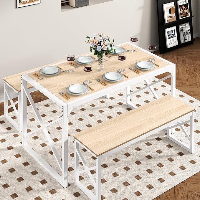 VECELO 55" Kitchen Dining Table Set for 4-6, Wood Dinette 2 Benches with Metal Frame for Dinner Breakfast Nook and Small Space, Oak