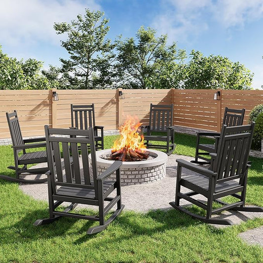 GarveeLife Poly Lumber Rocking Chair Outdoor Set of 6 - HDPE High Back Porch Rocker Chairs for Adults - All Weather Resistant Furniture for Patio - Black