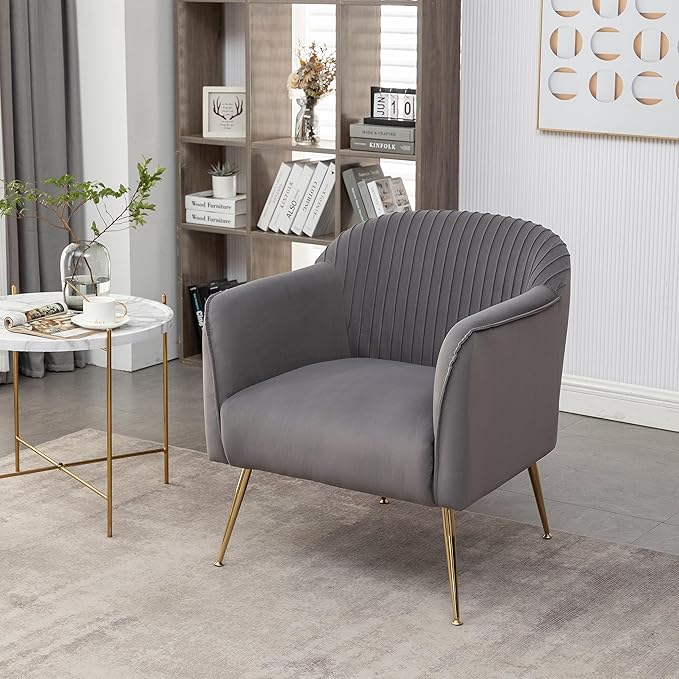 Contemporary Velvet Accent Chairs for Living Room, Bedroom and Entryway, Modern Armchair with Sleek Metal Legs, Elegant Seating Solution for Small Spaces, Grey