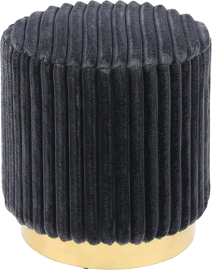 Furniture of America Vail Modern 17-inch Upholstered Ottoman with Channel Tufting and Gold Stainless Steel Base, Vanity Stool Chair, Small Foot Stool for Bedroom, Living Room, Entryway, Dark Grey