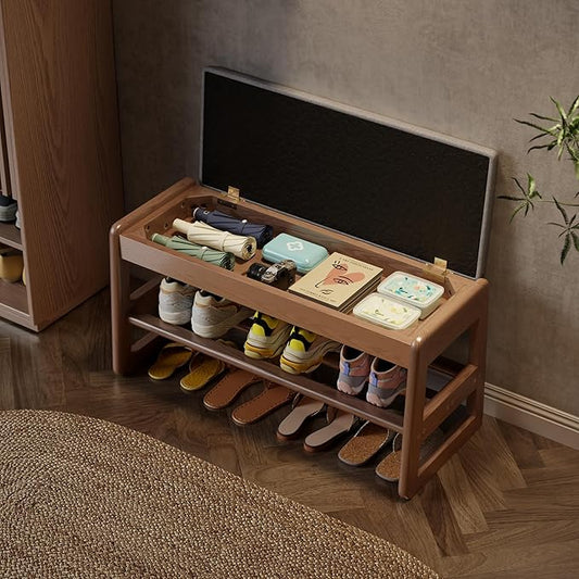 AQIMUELE Shoe Rack Bench,2 Tiers Shoe Bench with Storage with Flip-Top,Wood Shoe Rack for Entryway,Hallway（Walnut Upholstered Seat）