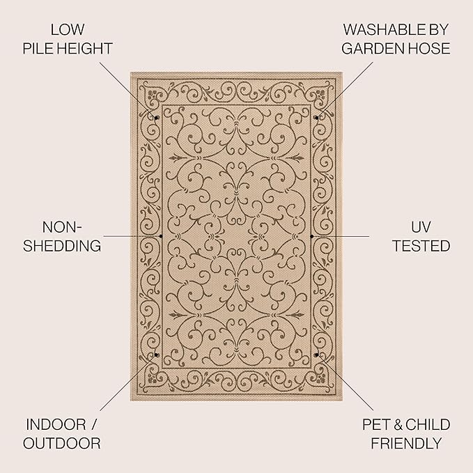 JONATHAN Y Vintage Filigree Indoor Outdoor Area Rug 8X10 Beige/Brown, Charleston Textured Weave for Backyard, Patio, Porch, Easy-Cleaning, High Traffic, Pet-Friendly, Non-Shedding (SMB106A-8)