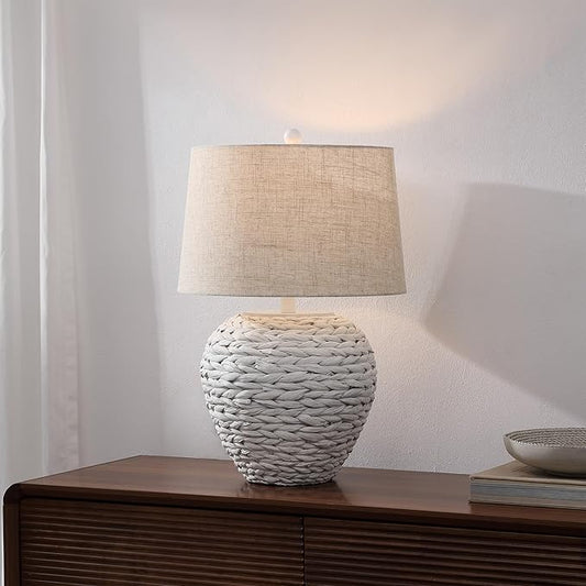 JONATHAN Y 24.5" White Water Hyacinth Farmhouse Basket Table Lamp, Coastal Decor for Living Room Bedroom Nightstand, Light Gray Linen Shade, LED Bulb Included (JYL6501C)