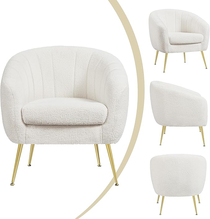 Yaheetech Sherpa Fabric Accent Chair, Modern Cozy Vanity Chair with Gold Metal Legs, Boucle Fabric Armchair with Removable Seat Cushion for Living Room Bedroom Office Guest Room, Ivory