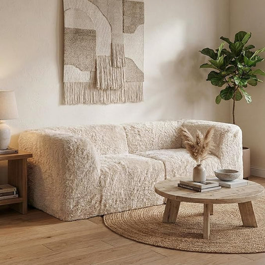 Furniture of America Havyn Modern Faux Fur 2-Seater Modular Foam Loveseat with Curved Arms & Deep Seat, Compressed Couch in a Box, No Assembly Required, for Living Room and Office, Sand