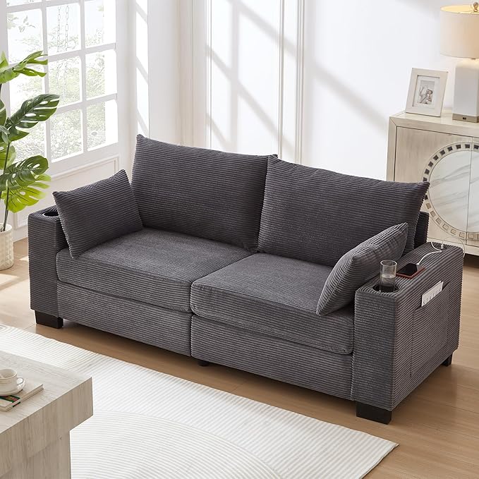 Eafurn 78" Corduroy Loveseat Sofa, Modern 2 Seater Couch with Dual Cup Holders & USB Charging Ports, Comfy Upholstered Small Sofa with Side Storage Pockets for Apartment, Living Room