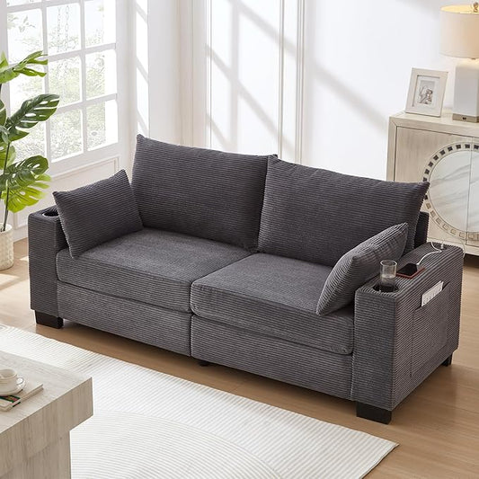 Eafurn 78" Corduroy Loveseat Sofa, Modern 2 Seater Couch with Dual Cup Holders & USB Charging Ports, Comfy Upholstered Small Sofa with Side Storage Pockets for Apartment, Living Room