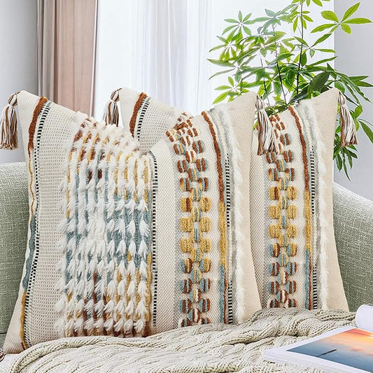 AmHoo Set of 2 Chenille Striped Tufted Textured Boho Throw Pillow Covers Aesthetic with Tassels Woven Decorative Pillow Case for Couch Bed Sofa Bedroom Modern Funky 18 x 18-Inch Brown White