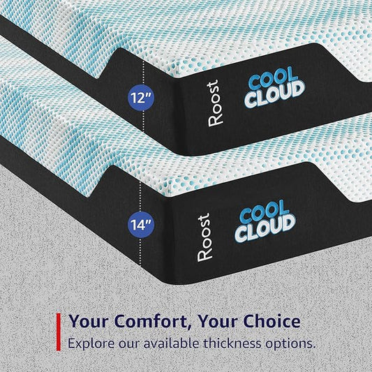 ROOST SLEEP Cool Cloud 14-Inch King Mattress, Gel Memory Foam for Back Pain Relief & Cool Sleep, Medium Plush, CertiPUR-US Certified, Made in USA, Bed in a Box