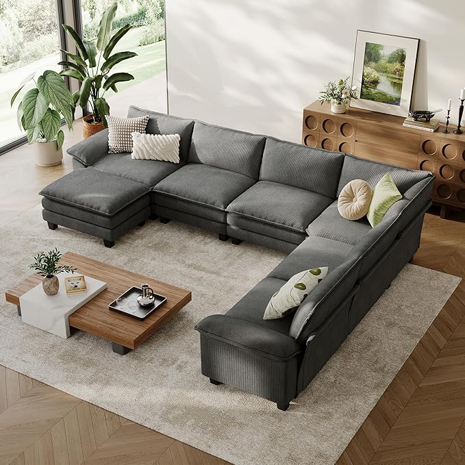LINSY HOME Modular Sectional Sofa Couch Corduroy Cloud Couches for Living Room, U-Shaped Cloud Couch Sectional Sofas for Bedroom and Apartment, Grey
