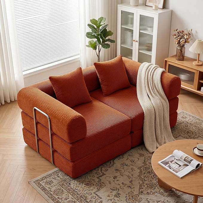 Convertible Compressed Corduroy Folding Cloud Sofa Bed, 59'' Modern Boneless Pull Out Loveseat Sleeper in a Box, 5 in 1 Floor Mattress Futon Cloud Couch, No Assembly Needed, Orange, 2 Pillows, Queen