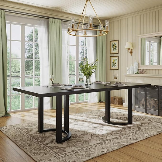 Christopher Knight Home Evat 95 Inch Dining Table for 6-8 People, Modern Kitchen Table with U-Shaped Legs, Large Wooden Rectangular Farmhouse Dinner Furniture for Dining Room, Home Office, Black