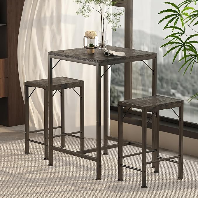 Homeiju Bar Table and Chairs Set, Square Bar Table with 2 Stools, Space-Saving Dining Pub Set for 2, Perfect for Kitchen, Breakfast Nook, Living Room & Small Spaces