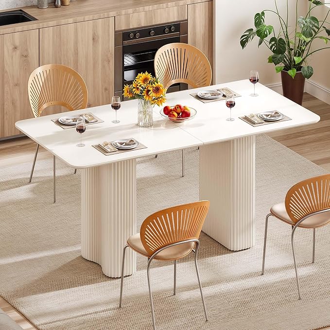 DWVO 63'' Dining Table for 4-6 People Modern Rectangular Kitchen Table with Solid Wave Curved Legs Large Cream White for Dining Room Kitchen Home Office Apartment Office White
