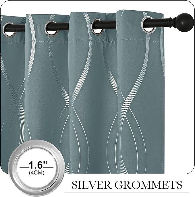 NICETOWN Blackout Curtains Panels for Living Room, Greyish Blue, 52" Wide x 84" Long, 2 Panels, Sound Reducing Thermal Insulated Wave Line Foil Print Design Curtains for Patio Sliding Glass Door