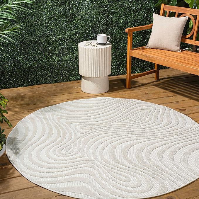 JONATHAN Y Maribo High-Low Abstract Striped Cream/Ivory 5' Round Indoor/Outdoor Area Rug, Pet Friendly, Non-Shedding, Stain Resistant, Easy-Cleaning for Backyard, Patio, Porch (SCN103A-5R)