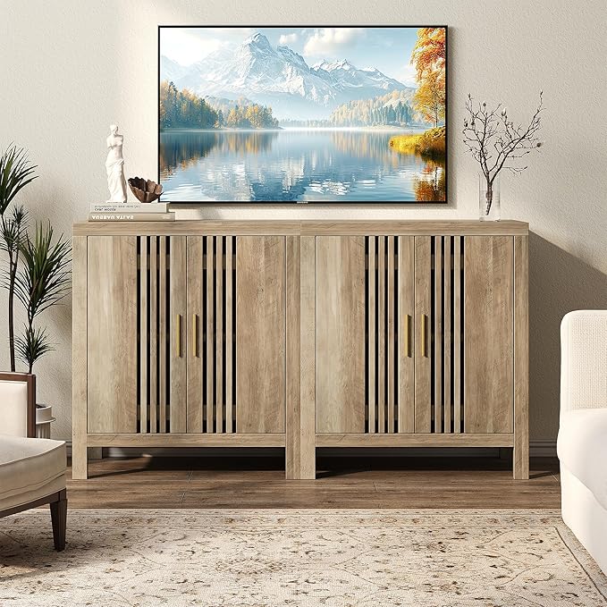 Sideboard Buffet Cabinet with Storage, Farmhouse Storage Cabinet Kitchen Buffet Cabinets, Wood Coffee Bar Sideboard for Kitchen, Entryway, Living Room, Natural Oak