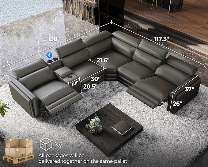 Jocisland Dual Power Recliner, Oversized 5-Seater Sofa with Console, 3 Bluetooth Speakers & Hidden Storage, Modern L Shaped Reclining Couch with 6 Charging Ports - Dark Gray Leathaire
