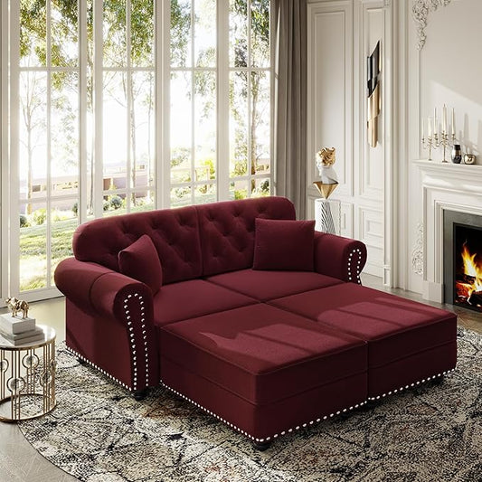 KEIKI 63" Velvet Chesterfield Sofa with Rolled Arms & Nailhead Trim & 2 Ottoman, Modern 2-Seater Button Tufted Couch with High Resilience Cushion & 2 Pillow, Easy Assembly, for Living Room, Burgundy