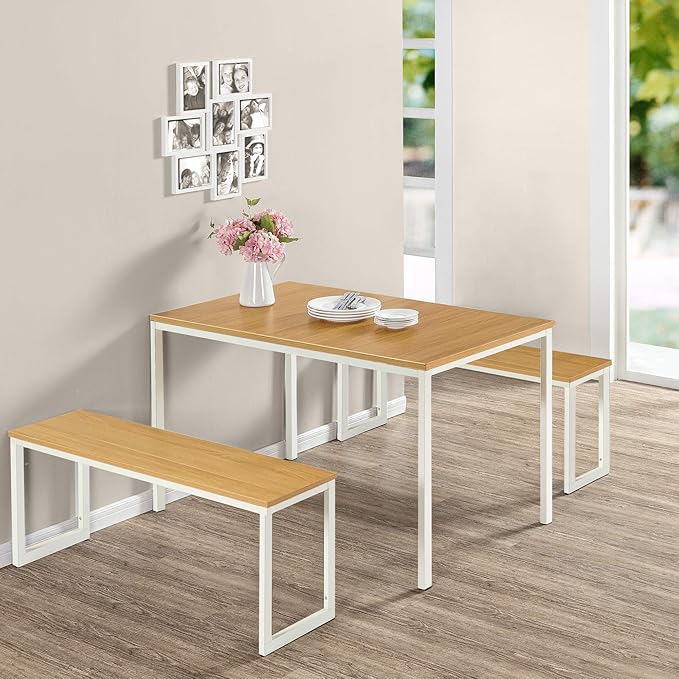 Zinus 48 Inch Louis Metal Frame Dining Table with Benches, 3 Piece Dining Set, Easy Assembly, White