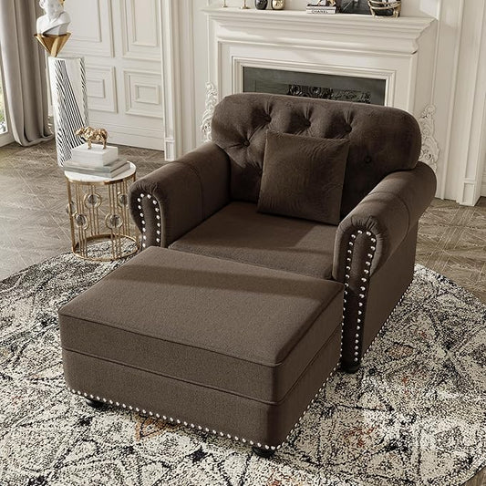 KEIKI 41" Velvet Chesterfield Sofa with Rolled Arms & Nailhead Trim & 1 Ottoman, Modern 1-Seater Button Tufted Couch with High Resilience Cushion & 1 Pillow, Easy Assembly, for Living Room, Brown