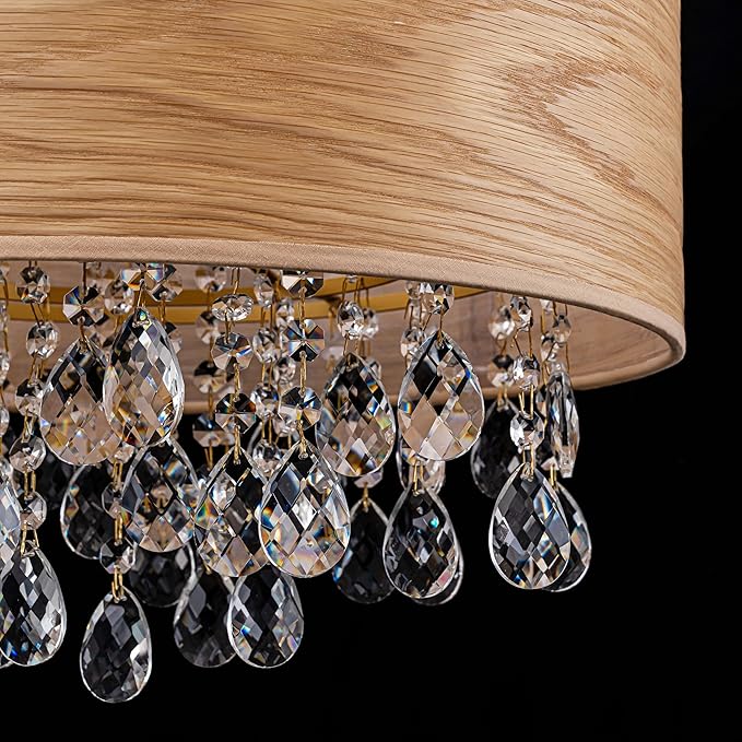 4-Light Drum Wood K9 Crystal Chandeliers, Nature Boho Style Pendant Light Fixture for Dining Room, Living Room, D18 x 21~68"(Adjustable), Solid Wood Lampshade & Gold Finish