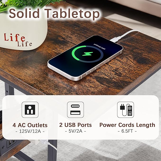 VECELO C-Shaped End Side Table with Charging Station & 2 USB Ports and Outlets for Living Room, Bedroom, with Adjustable Feet for Couch Sofa, Bedside, Small Spaces， Brown