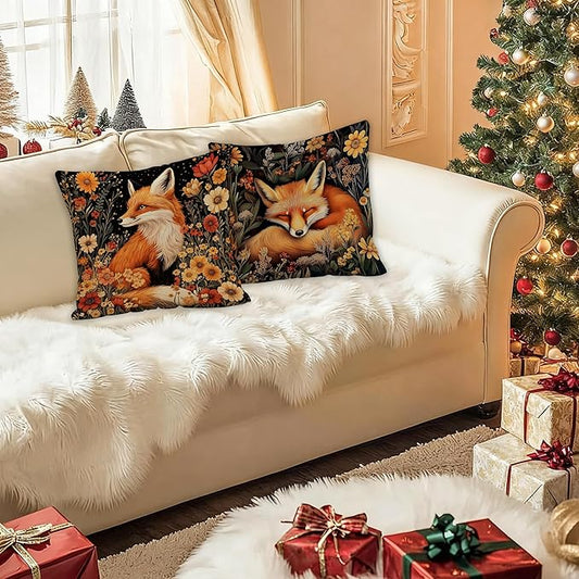 William Morris Inspired-Boho Floral Fox Pillow Covers 18x18 Set of 2, Cottagecore Room Home Decor, Dark Floral Botanical Cute Fox Forest Animal Decor Pillow Covers for Home Living Room Bedroom