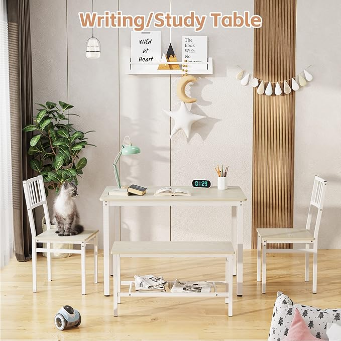 Teraves Dining Table Set/Computer Desk,Kitchen Table with 2 Chairs and a Bench,Table and Chairs 4 Piece Set for Dining Room (Beige, 110CM)