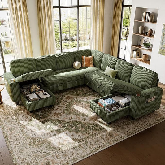 LINSY HOME Sectional Sofa with Pull Out Bed, 7 Seats Corduroy Reversible Sleeper Sofa with Storage Seats & Chaises, USB Ports, Cup Holders, Side Pocket, Sectional Couches for Living Room, Green | Plush Corduroy, Storage space, Sturdy structure