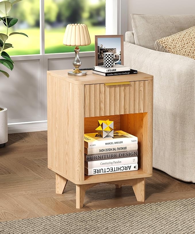 Fluted Nightstand Set of 2, Wooden Night Stand with Charging Station and LED Light, Modern Mid Century End Table with Drawer, Bedside Table for Bedroom, Natural Oak