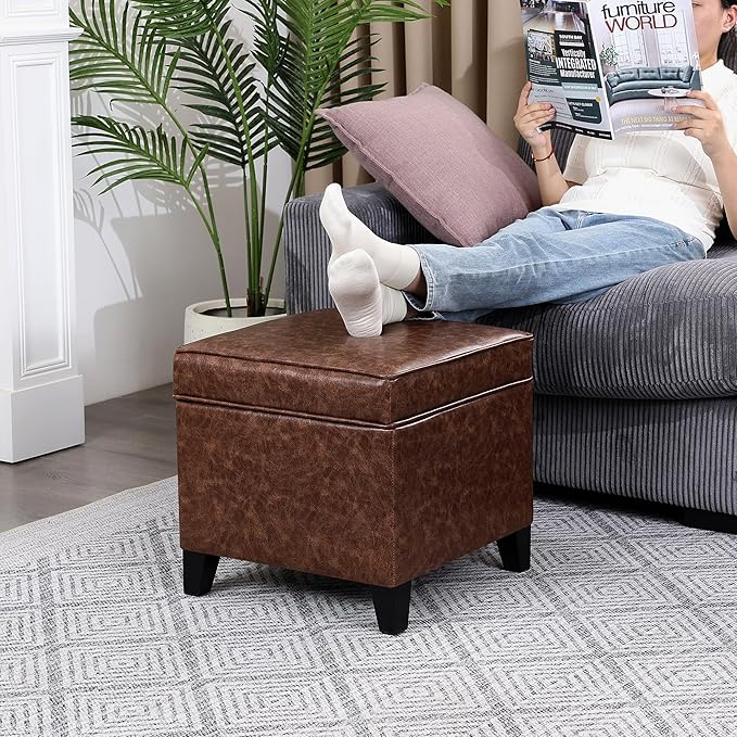 Adeco 17-inch Tufted Faux Leather Storage Ottoman, Square Footrest Stool with Hinged Lid and Solid Wood Legs, Small Accent Foot Stool for Living Room & Bedroom, Dark Brown