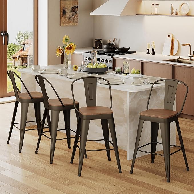 Andeworld Metal Bar Stools Set of 2, 26 inch Counter Height Barstools with Backs Farmhouse Modern High Back Bar Stools with Larger Seat Kitchen Dining Bar Chairs,Rusty