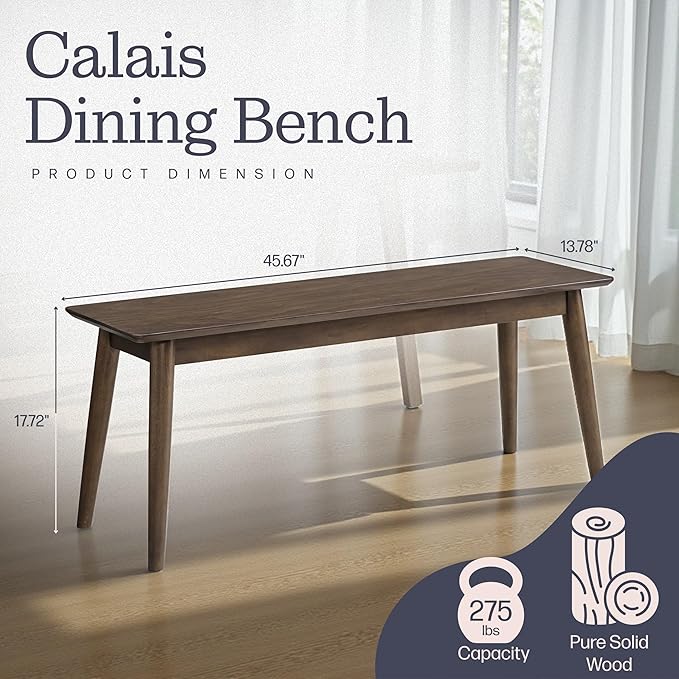 Alaterre Furniture Calais Dining – Mid Century Modern 46-Inch Solid Wood Dining Bench – Entryway Bench with Minimalist Design for Entryway, Dining Room, Kitchen, or Bedroom (Walnut Finish)