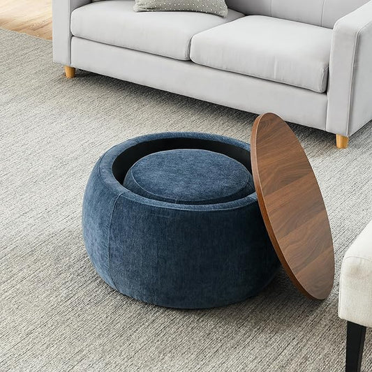 Ball & Cast Round Upholstered Storage-Ottoman Set with Wood Tray, Large Storage Coffee Table w/Footstool & Removable Lid, Dia 25" Padded Bench & End Side-Table for Living Bedroom, Dark Blue