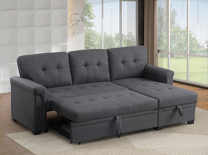 ERYE 83-inch Pull Out Sleeper Couch Bed, L-Shaped Reversible Sleeper Sectional Sofa Linen Blend Tufted Upholstered Corner Convertible Sofa Bed with Storage Chaise