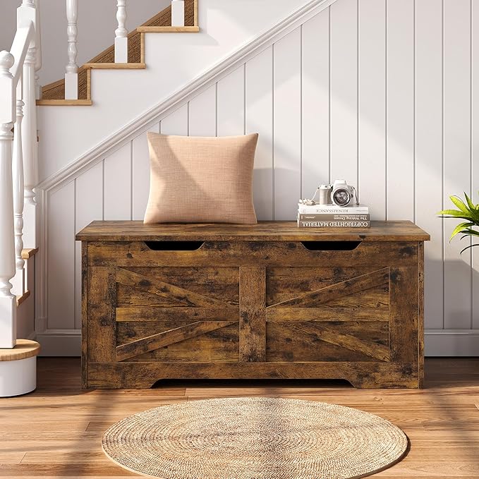 IDEALHOSUE 39.4" Storage Chest, Wooden Storage Bench with Safety Hinge, Retro Blanket Storage Trunk for Entryway, Living Room, Supports 350 lb, Rustic Brown