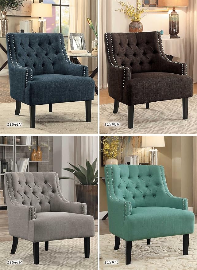Homelegance Accent Chair, Chenille Upholstered Armchair, Sloped Arms, Button Tufted Cushion Back, Nailhead Trim, Solid Wood Legs, Single Sofa Chair for Living Room, Office, Bedroom, Teal