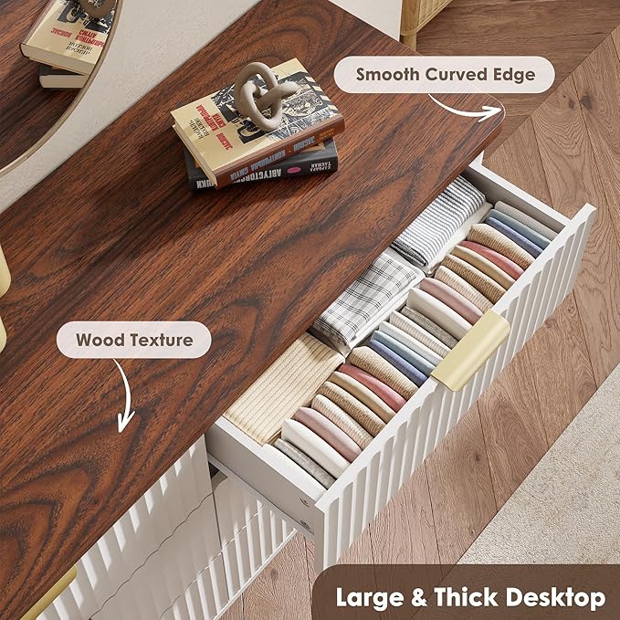 Garvee 6 Drawers Dresser for Bedroom, 47.2" Wide Dressers with Curved Profile Design, Fluted Wood Drawers with Gold Handle, Modern Chest of Dressers with Thickened Design for Living Room, White