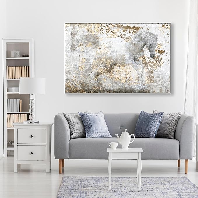 The Oliver Gal Artist Country Farmhouse Canvas Print Painting Animal Wall Art 'Running Horse' Framed Gallery Wrapped Canvas Rustic Home Décor 54 in x 36 in,White, Gold