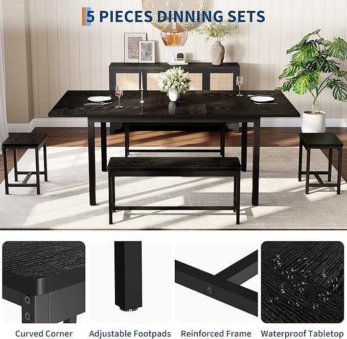 GarveeHome 5 PCs Dining Table Set for 6-8 People, 63 in Extendable Kitchen Table Set with 2 Benches and 2 Square Stools, Modern Dining Room Furniture Sets, Easy Assembly, Black