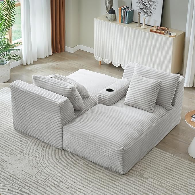 Eafurn Oversized Double Chaise Lounge Indoor with Cup Holders & Side Pocket, 71" Plush Corduroy Boneless Chaise Lounge Sofa with High Density Sponge & Deep High Seat Comfy Sleeper Couch Bed | Breathable material, No Assembly, 52" Deep Seat, 19.7" High ...