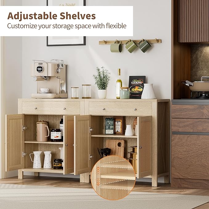 31" Sideboard Buffet Cabinet, Farmhouse Buffet Cabinet with Storage, Rattan Doors Cabinet, Multi-Functional Storage Cabinet Console Coffee Bar Cabinets for Entryway Living Room