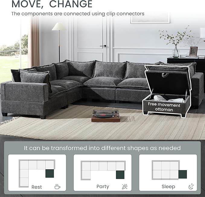 Merax Modern Oversized U-Shaped Sectional Sofa with Piollows & Chaise Lounge, Chenille 7-Seat Couch Set Sleeper Bed with Storage Ottoman for Living Room Gray