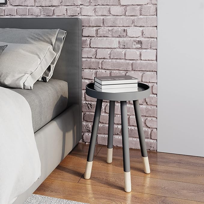 Lavish Home Round End Table - Wooden Mid-Century Modern Side Table with Tray Top and Two-Tone Color - Living Room Furniture (Gray)
