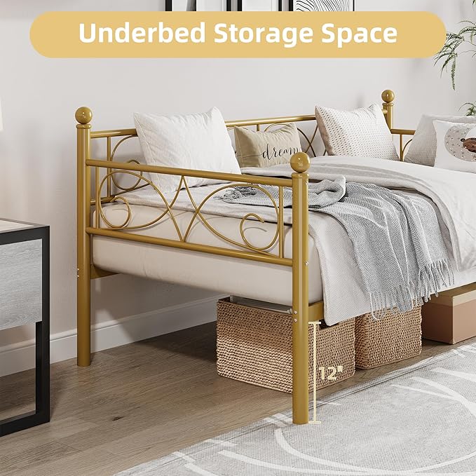 IDEALHOUSE Twin Size Daybed Frame, Metal Sofa Bed Frame, Heavy Duty Metal Slats, Day Bed for Living Room, Bedroom, Guest Room, Space Saving, Gold