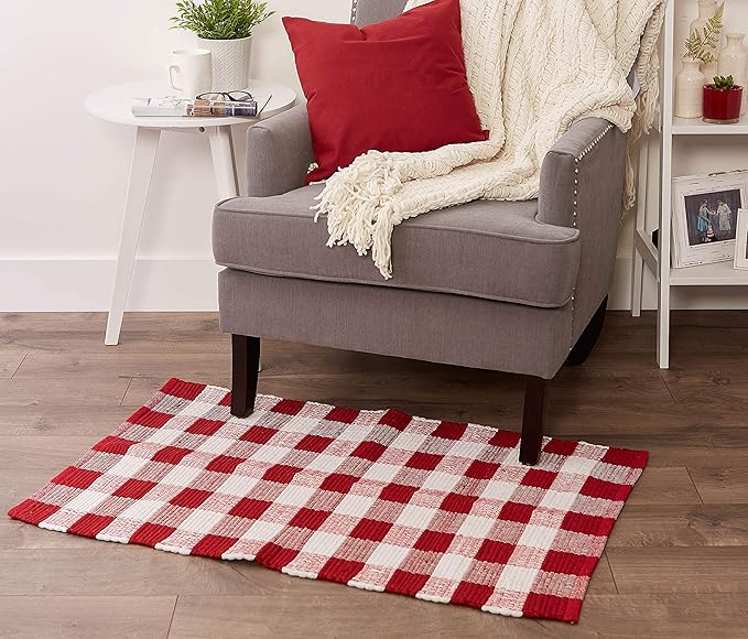 DII Buffalo Check Rug Collection, Hand Dyed Reversible Chindi Rug, 26x40, Red